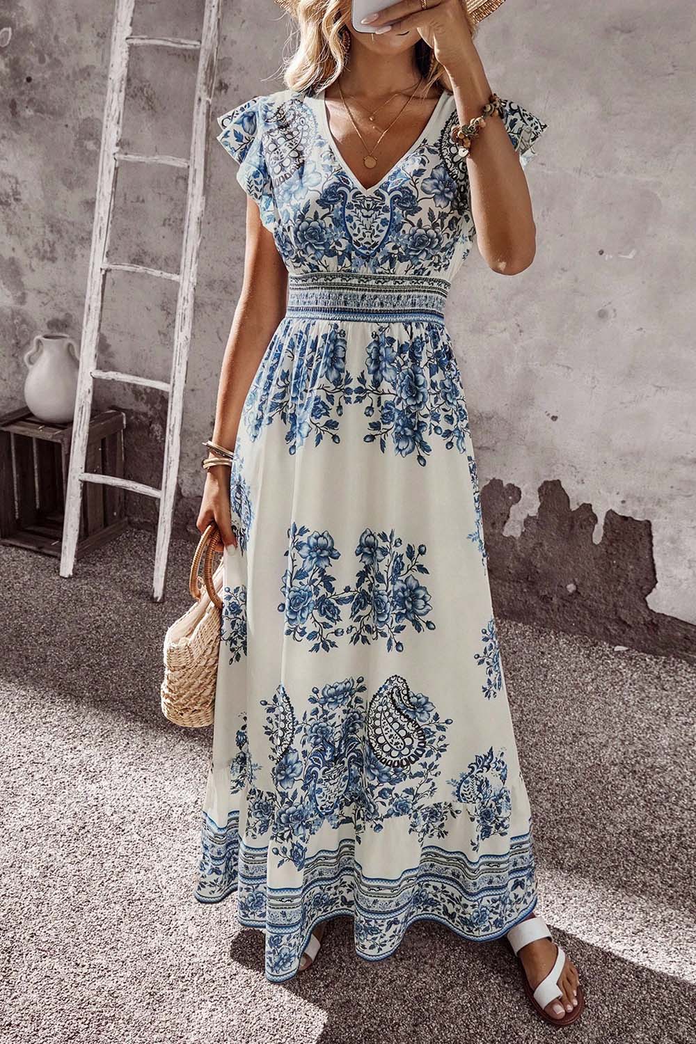 Blue and White Floral V Neck Flounce Sleeve Maxi Dress