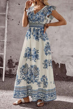 Blue and White Floral V Neck Flounce Sleeve Maxi Dress