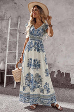Blue and White Floral V Neck Flounce Sleeve Maxi Dress
