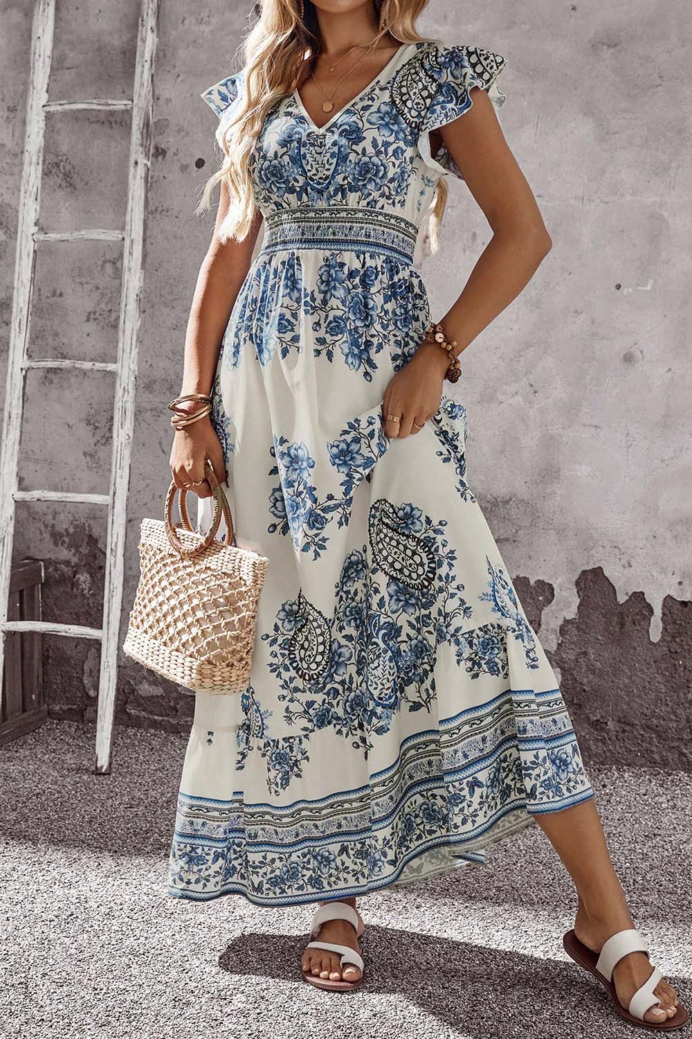 Blue and White Floral V Neck Flounce Sleeve Maxi Dress