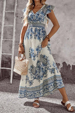 Blue and White Floral V Neck Flounce Sleeve Maxi Dress