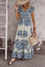 Blue and White Floral V Neck Flounce Sleeve Maxi Dress