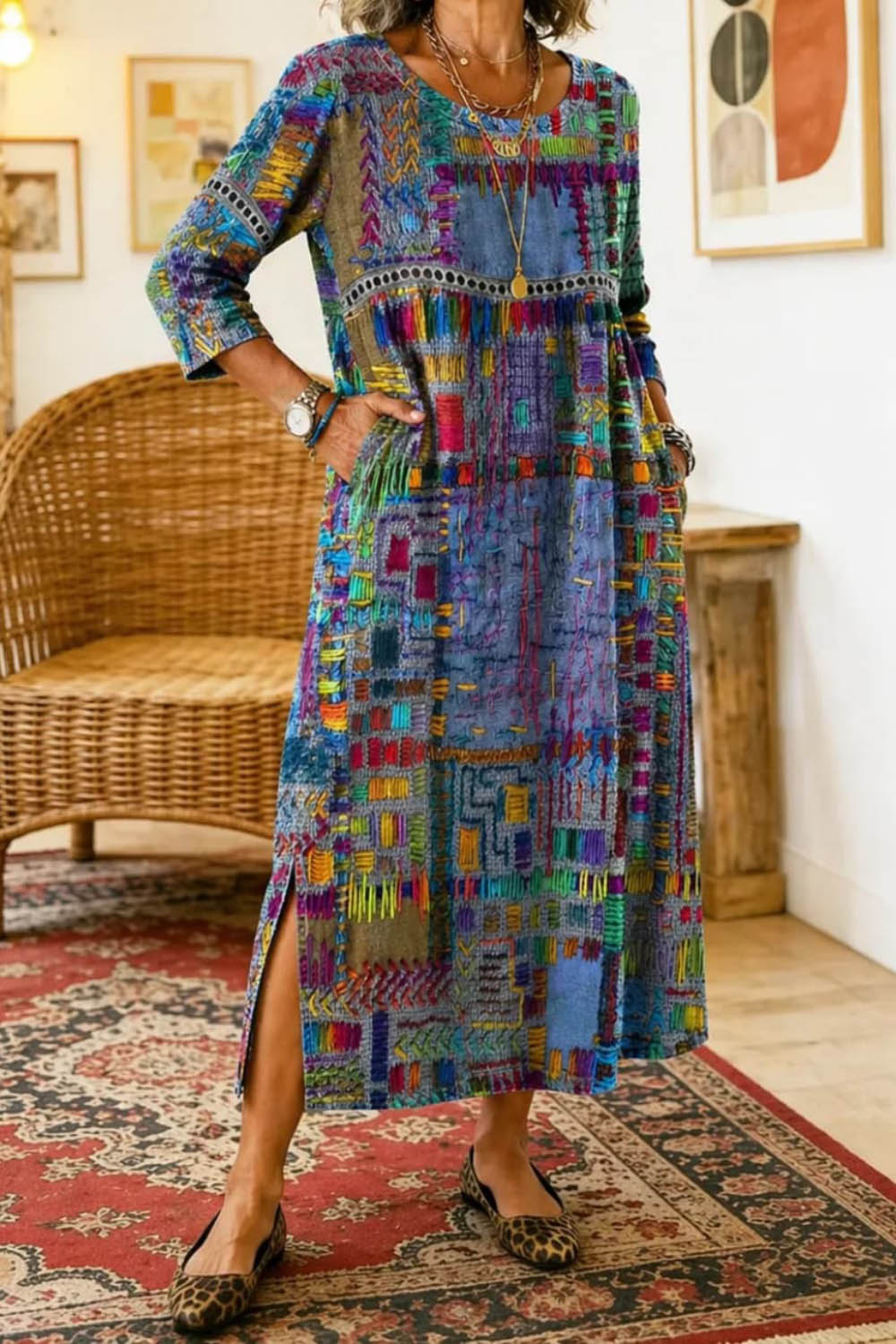 Women's Multi Ethnic Patchwork Round Neck Three Quarter Sleeves Maxi Dress