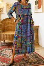 Women's Multi Ethnic Patchwork Round Neck Three Quarter Sleeves Maxi Dress