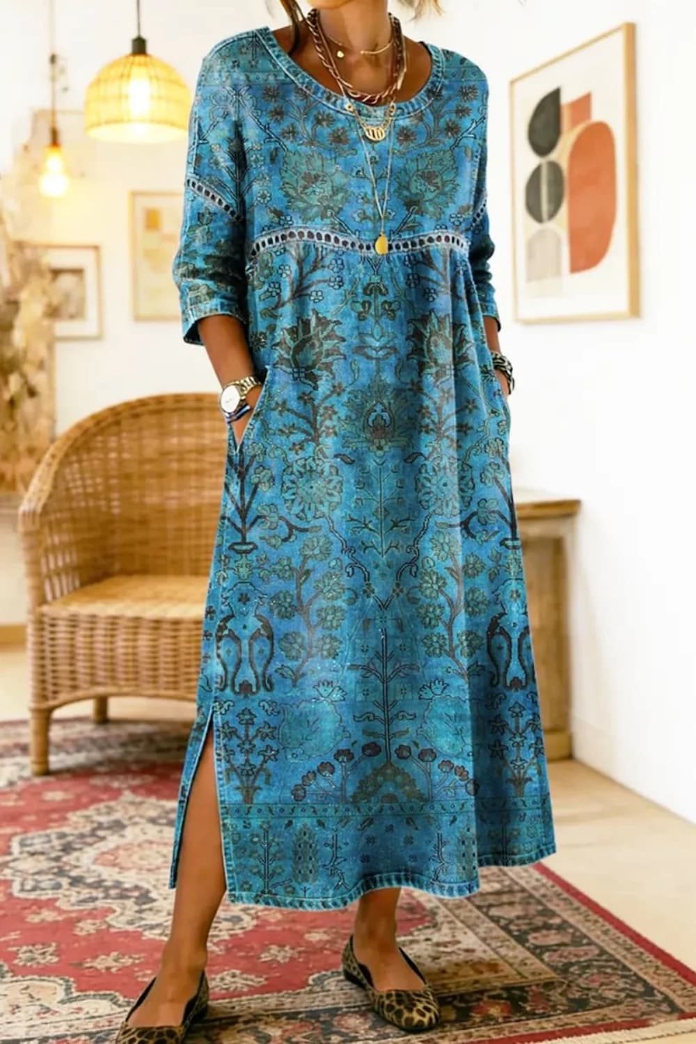 Women's Blue Floral Round Neck Three Quarter Sleeves Maxi Dress
