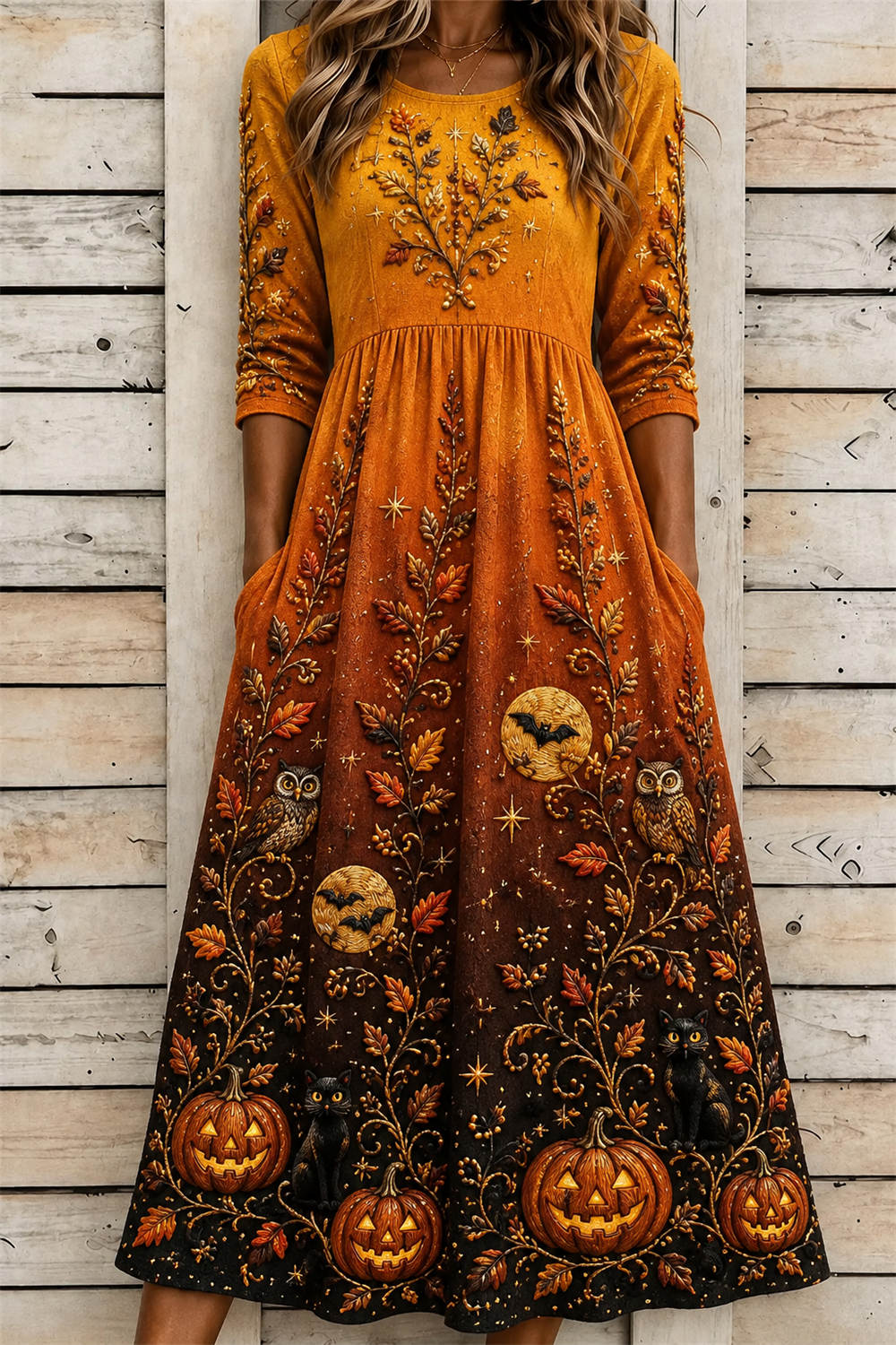 Women's Halloween Multi Pumpkin Cat Owl Print Round Neck Three Quarter Sleeve Midi Dress