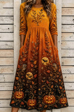 Women's Halloween Multi Pumpkin Cat Owl Print Round Neck Three Quarter Sleeve Midi Dress