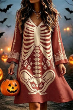 Women's Halloween Multi Skeleton Print V Neck Long Sleeve Mini Dress