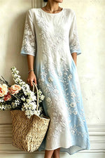 Women's White Blue Gradient Floral Embroidery Round Neck Three Quarter Sleeve Midi Dress