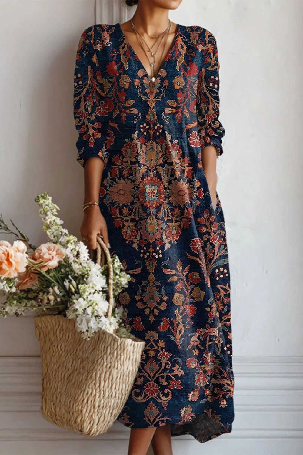 Women's Navy Vintage Floral V Neck Three Quarter Sleeve Midi Dress