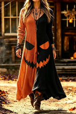 Women's Halloween Orange Black Pumpkin Face V Neck Long Sleeve Maxi Dress