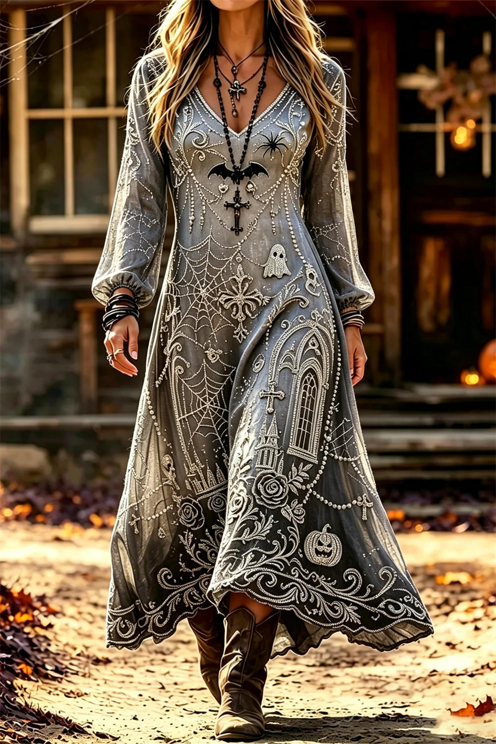 Women's Halloween Grey Multi Spider Web V Neck Long Sleeve Midi Dress