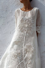 Women's White Dandelion Embroidery Round Neck 3/4 Sleeve Maxi Dress