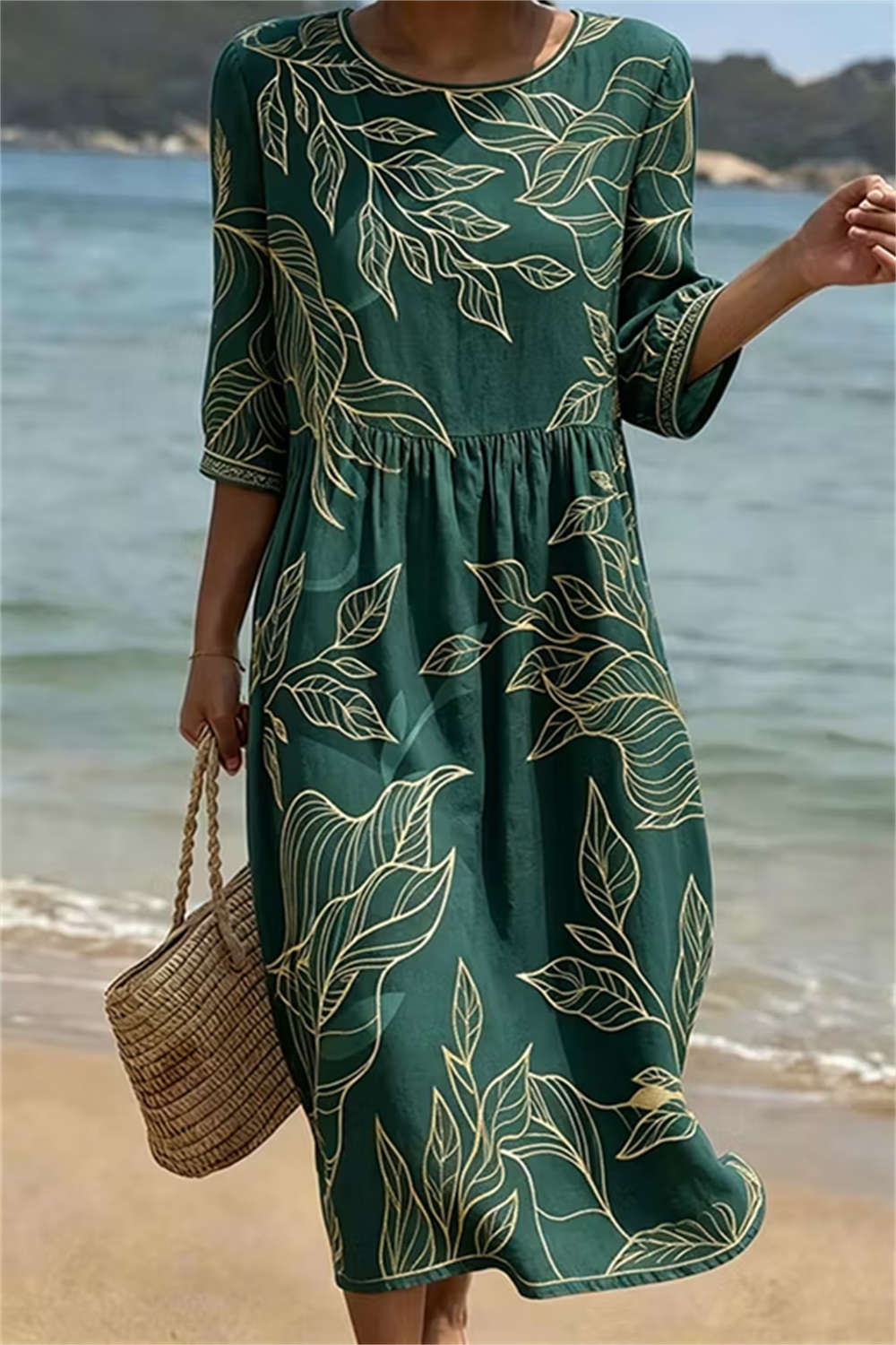 Women's Dark Green Gold Leaf Print Round Neck 3/4 Sleeve Midi Dress