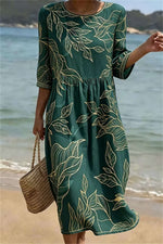 Women's Dark Green Gold Leaf Print Round Neck 3/4 Sleeve Midi Dress