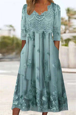 Women's Sage Floral Scalloped V Neck Three Quarter Sleeve Midi Dress