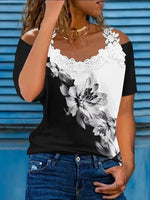 Floral Print Off-Shoulder Lace Short Sleeves T-shirt