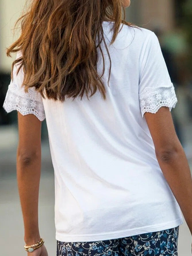 Solid Color Square Neck Lace Short Sleeves T-shirt