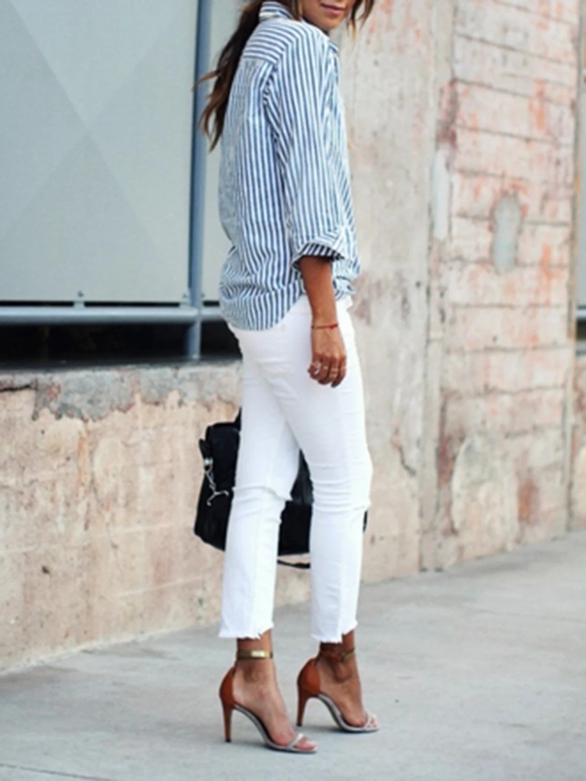 Stripe Print Lapel Buttons Long Sleeves Blouse