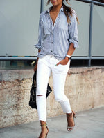 Stripe Print Lapel Buttons Long Sleeves Blouse