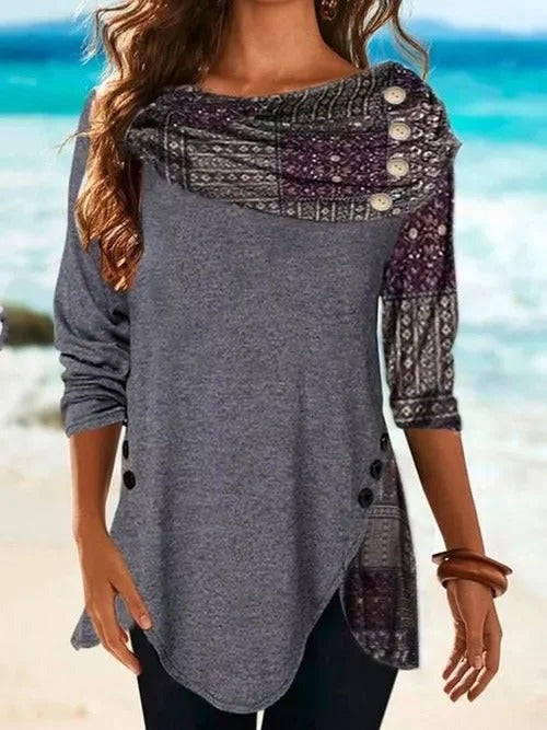 Geometric Print Cowl Neck Casual Long Sleeves Sweatshirt