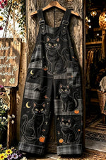 Women's Halloween Black Plaid Cat Pumpkin Print Adjustable Strap Jumpsuit