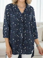Women's Small Floral Print Casual Ruffled Denim Shirt