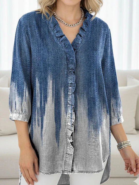 Women's Gradient Color Blocking Print Casual Ruffled Denim Shirt