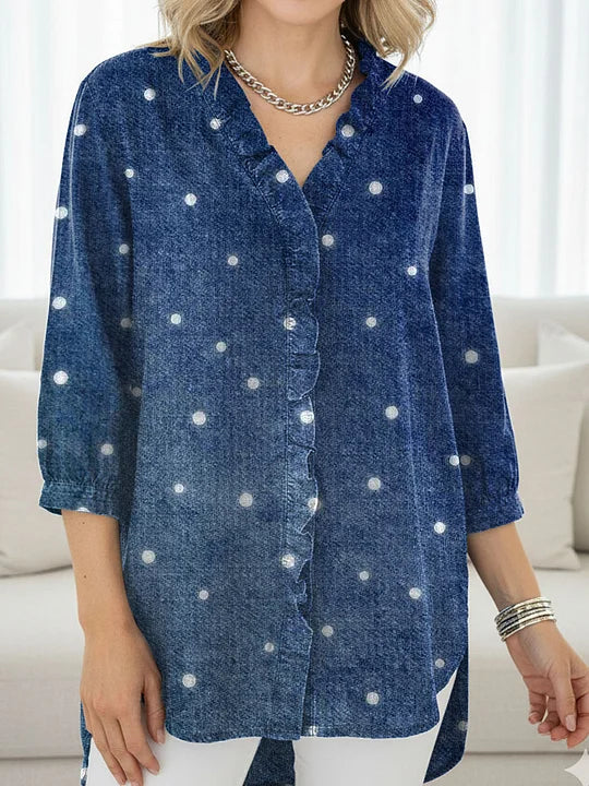 Women's Dots Pattern Art Print Casual Ruffled Denim Shirt