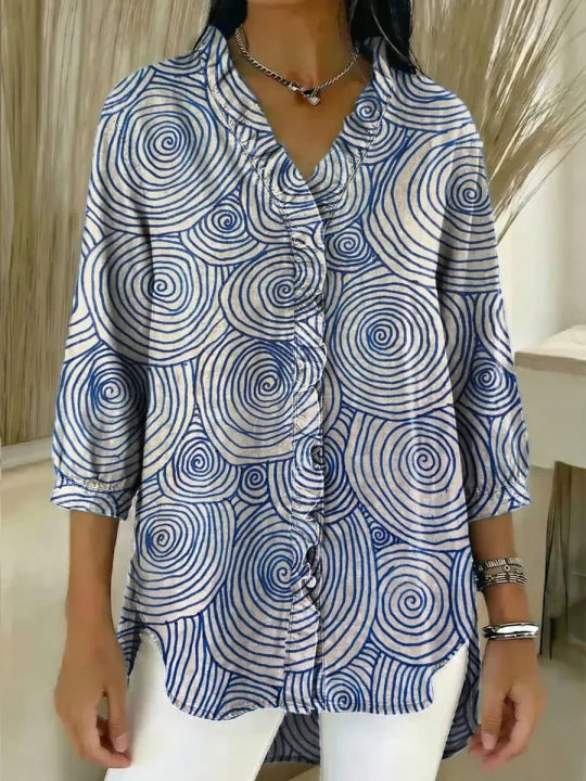 Women's Abstract Pattern Art Print Casual Ruffled Denim Shirt