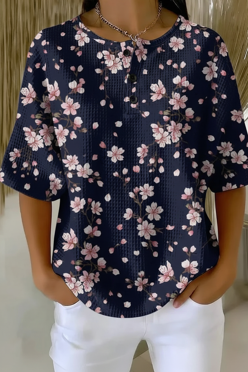 Women's Navy Cherry Blossom Floral Art Pattern Print Casual Waffle Cotton Shirt