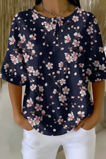 Women's Navy Cherry Blossom Floral Art Pattern Print Casual Waffle Cotton Shirt