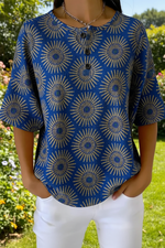 Women's Vintage Sunburst Floral Art Pattern Print Casual Waffle Cotton Shirt
