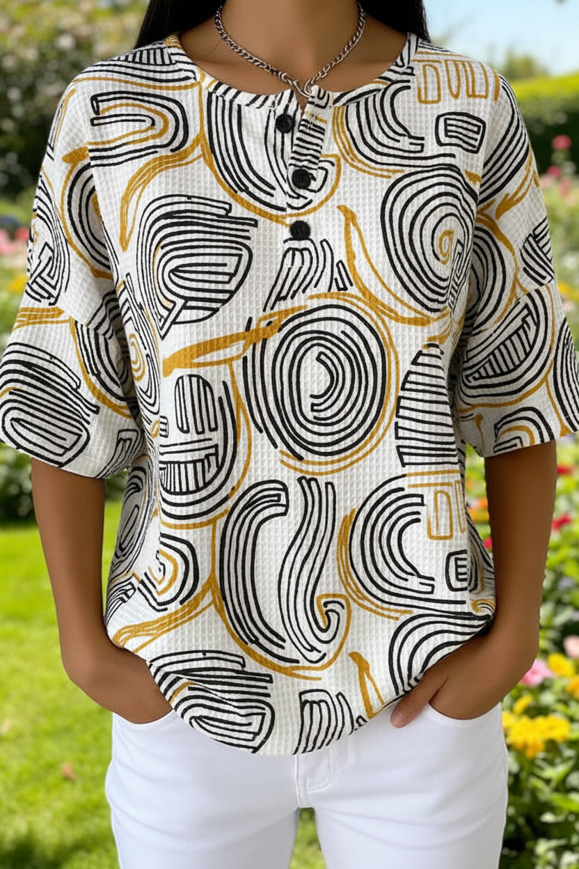 Womens Abstract Line Art Pattern Print Casual Waffle Cotton Shirt