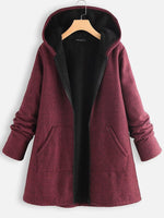 Solid Color Hooded Zipper Long Sleeves Fleece Warm Coat