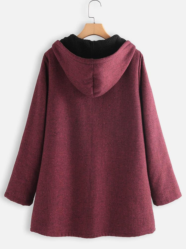 Solid Color Hooded Zipper Long Sleeves Fleece Warm Coat