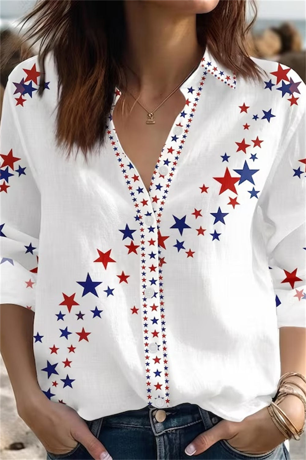 America 250th Anniversary White Linen Star Print V Neck Long Sleeve Shirt