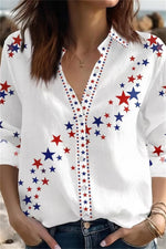 America 250th Anniversary White Linen Star Print V Neck Long Sleeve Shirt