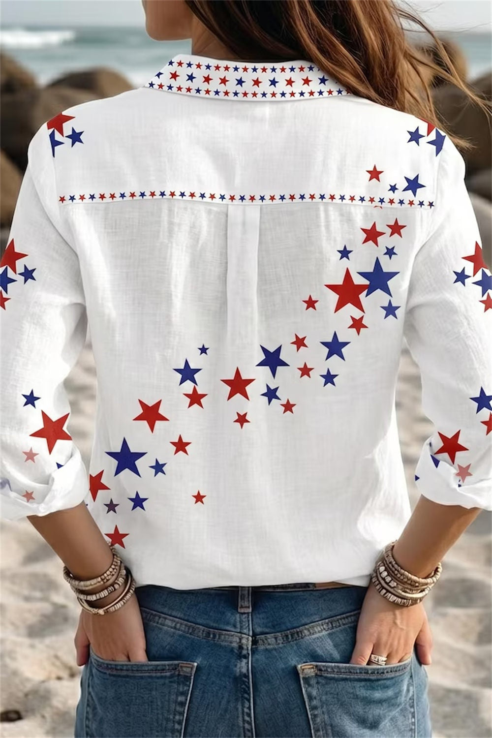 America 250th Anniversary White Linen Star Print V Neck Long Sleeve Shirt