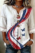 America 250th Anniversary White Butterfly and Star Print Lace Trim Half Sleeve Blouse