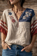 America 250th Anniversary Beige Floral Embroidered Flag Print V Neck Half Sleeve Linen Blouse