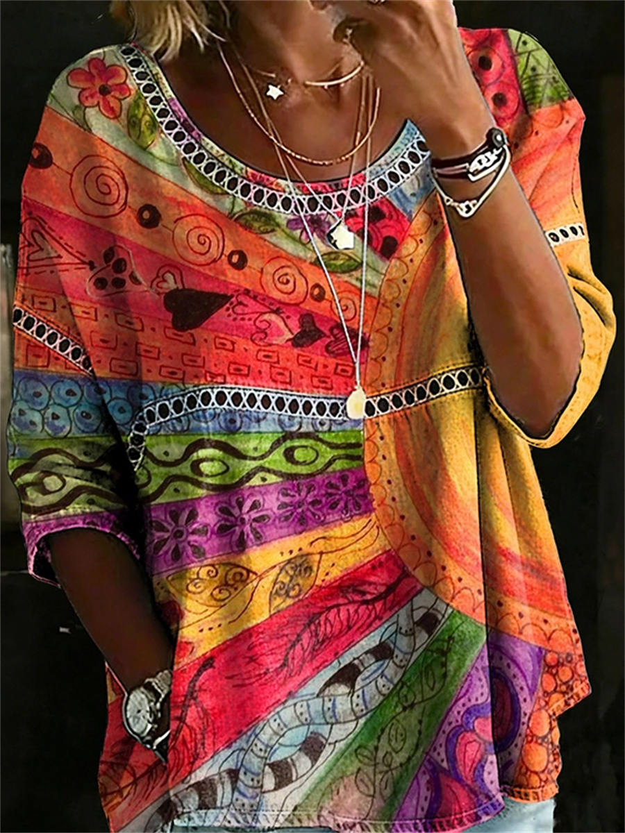 Rainbow Tribal Print Hollow Lace Trim Round Neck 3/4 Sleeve Blouse