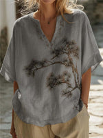 Women's Gray Linen Pine Tree Embroidery V Neck Half Sleeve Blouse