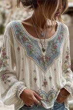 Women's White Floral Embroidery V-Neck Long Sleeves Blouse