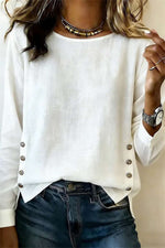 Women's White Solid Round Neck Long Sleeve Blouse