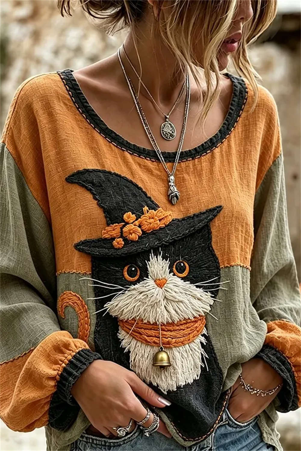 Women's Multi Wizard Cat Embroidery Round Neck Long Sleeve Blouse