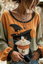 Women's Multi Wizard Cat Embroidery Round Neck Long Sleeve Blouse