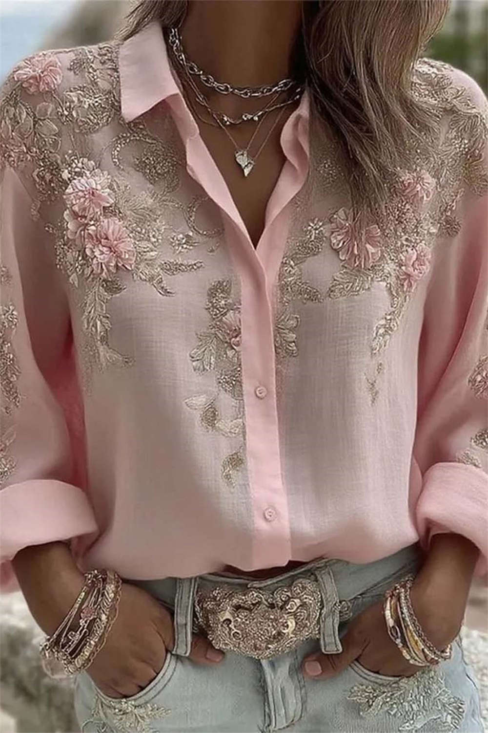 Women's Pink Floral Embroidery Collared Long Sleeve Shirt
