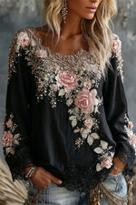 Women's Black Vintage Rose Floral Lace Square Neck Long Sleeve Blouse