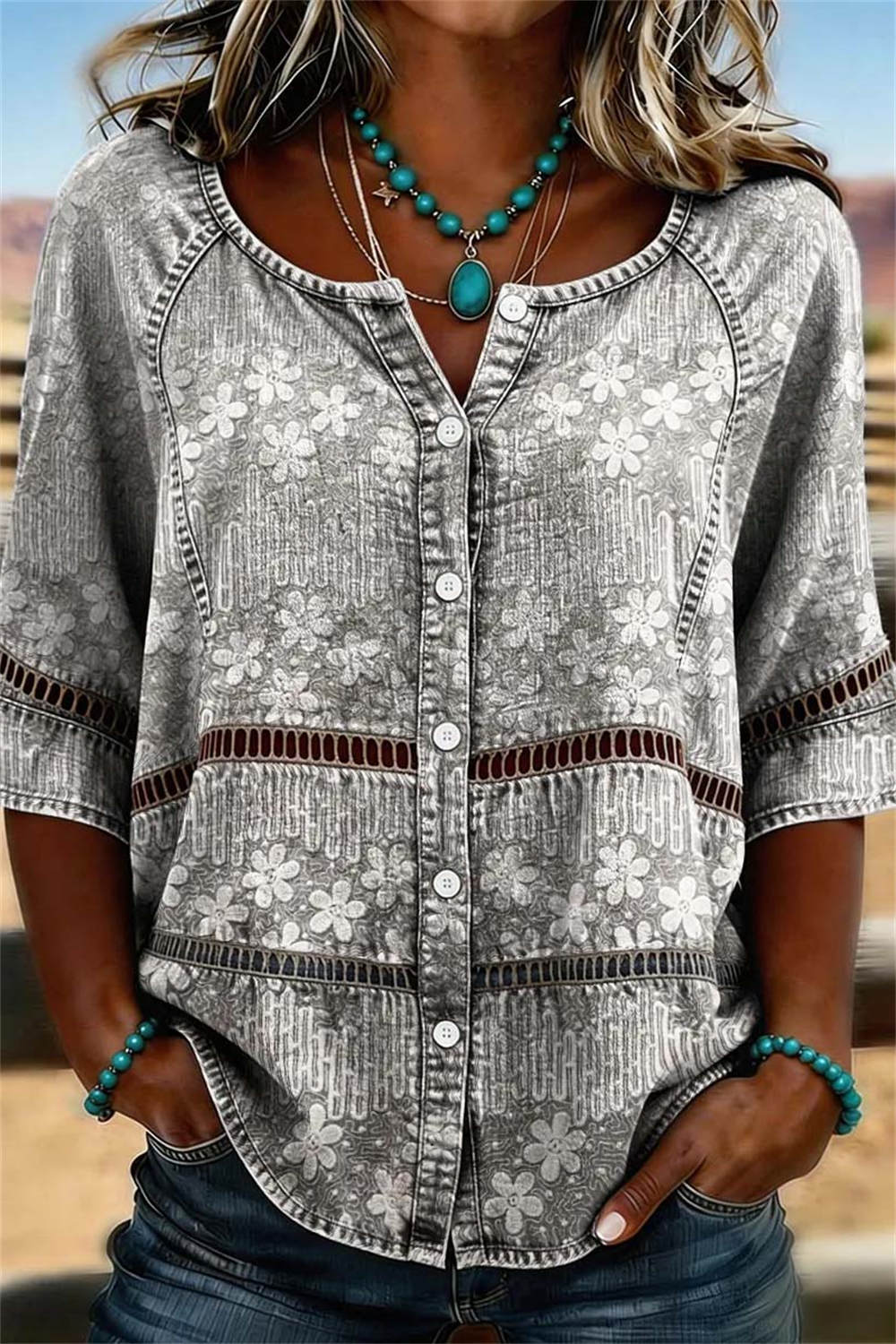 Women's Gray Floral Notch Neck 3/4 Sleeves Shirt